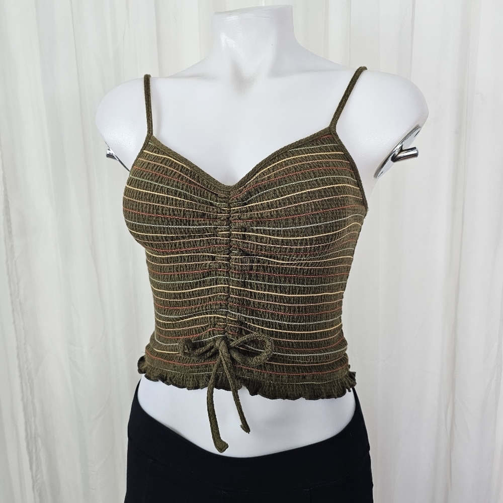 Storia Olive Green Striped Smocked Cropped Camisole Size Small